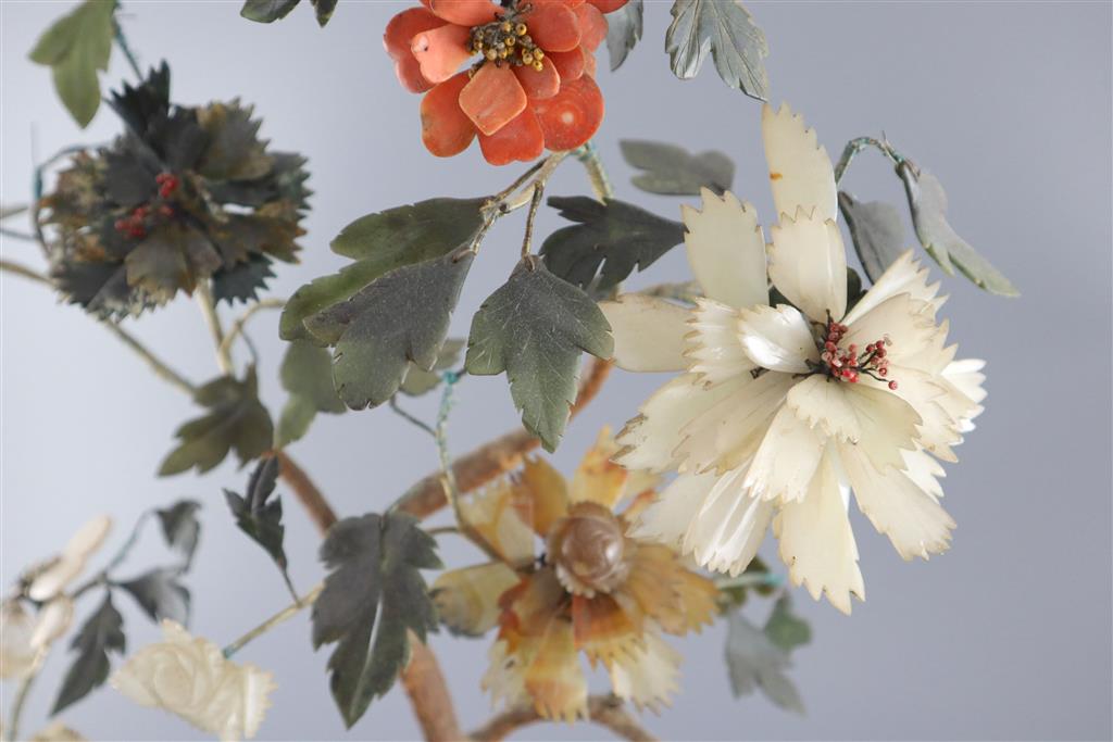 A Chinese jade and hardstone model of a tree, 19th century, total height 58cm